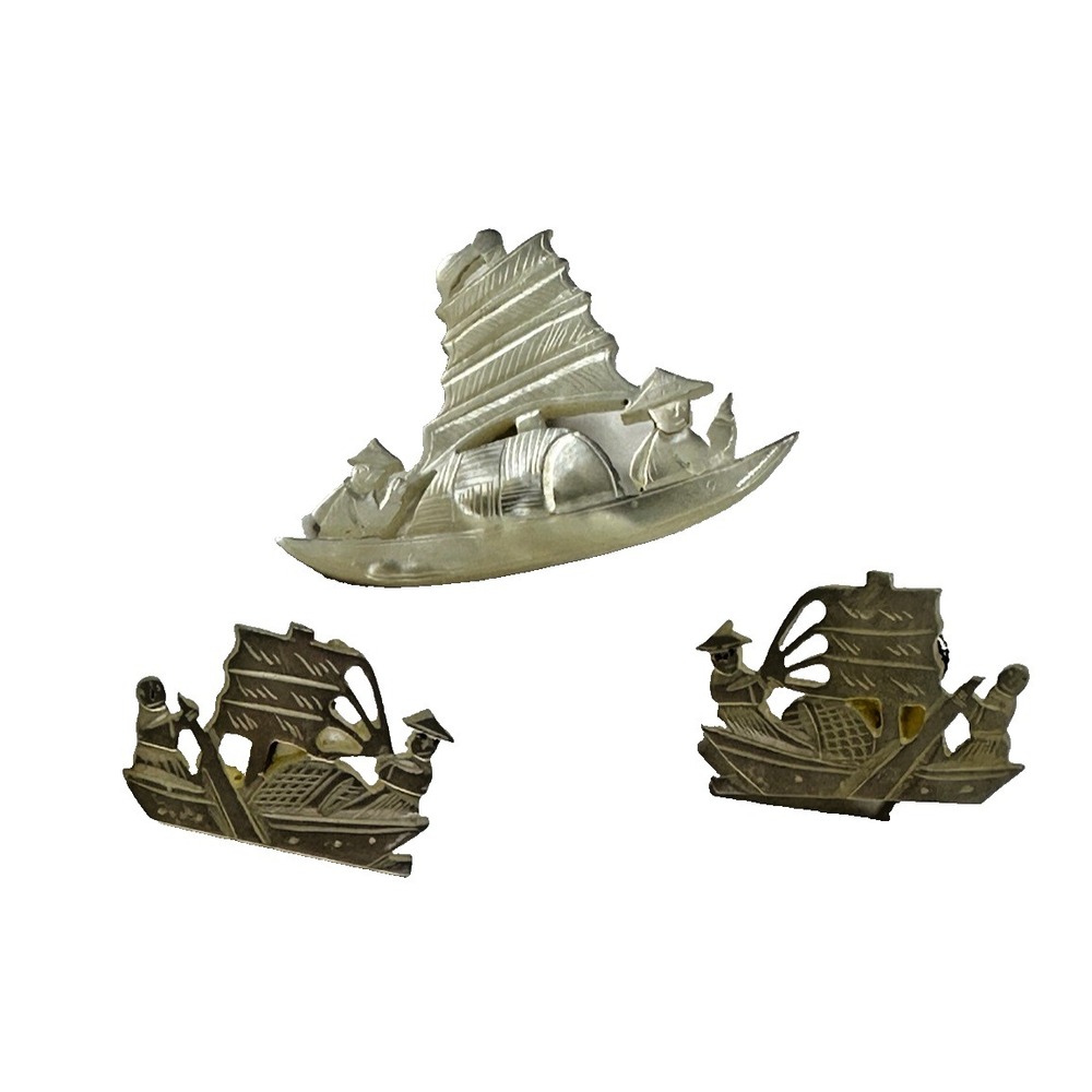VTG Hand Carved Mother of Pearl Japanese Boat Fisherman Brooch Earrings Set